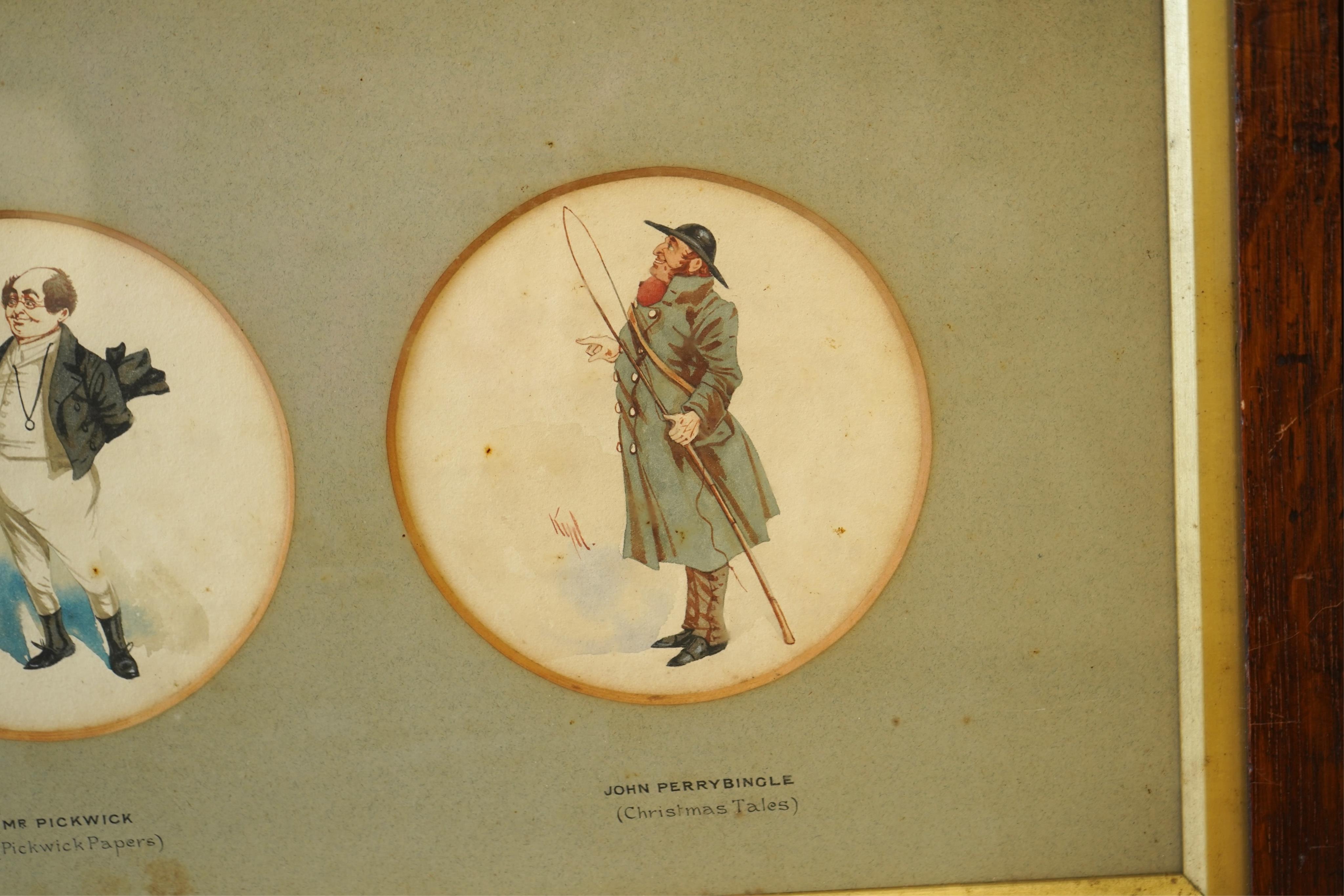 Joseph Clayton Clarke (KYD, 1857-1937), Dickens caricatures to include: Mr Bumble from Oliver Twist, Old Weller from Pickwick Papers and Quilp from Old Curiosity Shop, each signed, sixteen tondo watercolours, framed as f
